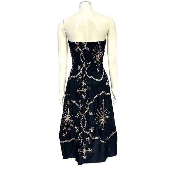 Black Strapless Smocked Embroidered Sequin Midi Dress Gold Scroll Starburst Boho - Picture 6 of 8